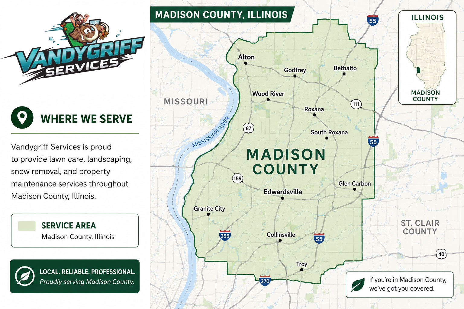 Vandygriff Services Servicing Madison County IL Vandygriff Services - Lawn Maintenance, Landscaping, Snow and Leaf Removal - Madison County and Jersey County IL